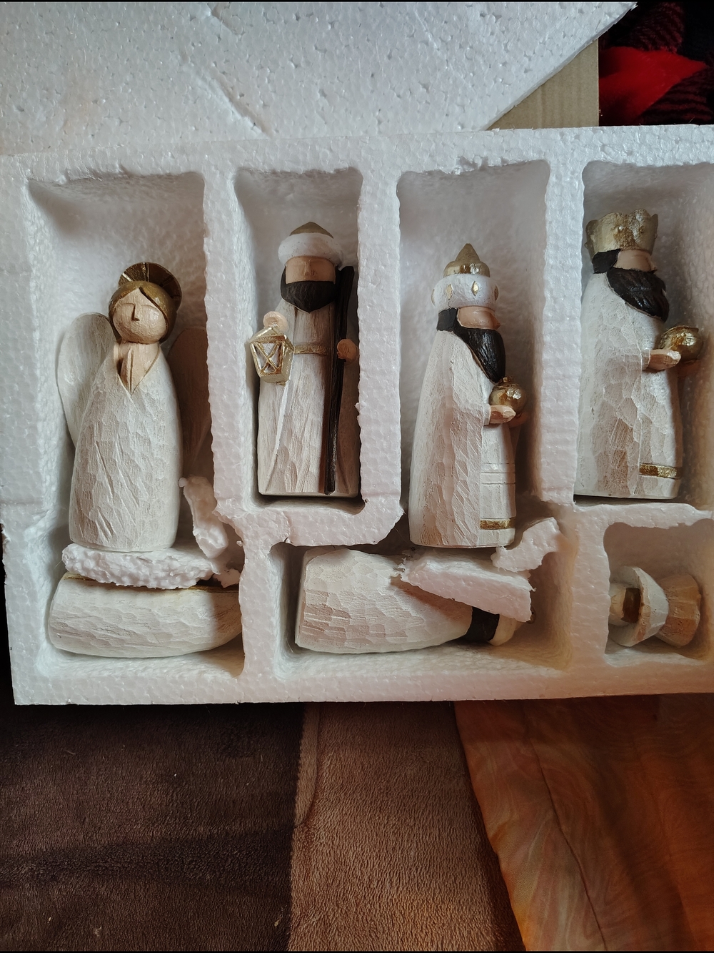 Wood Carved Nativity Set - White and Gold Accents